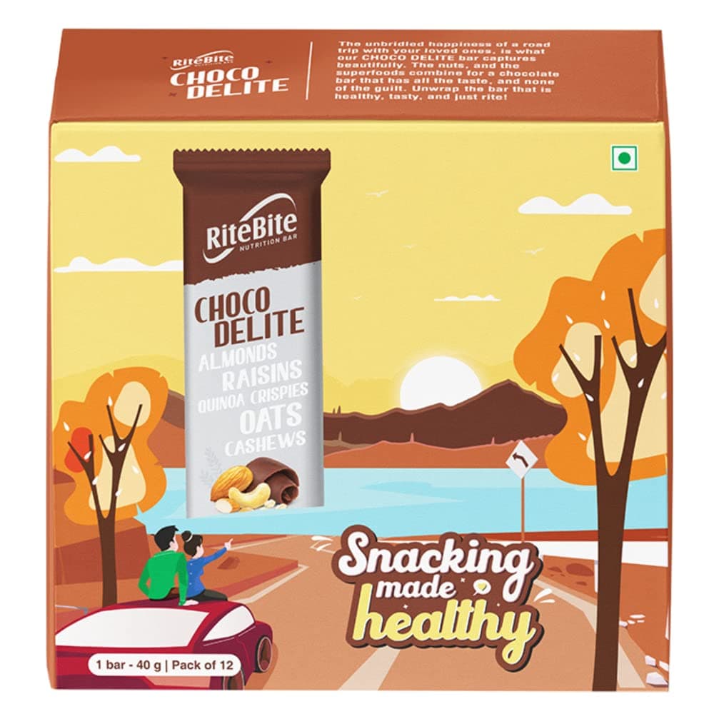 - RiteBite Choco Delite Energy Snack Bar with Oats, Almonds & Dark Chocolate 480g - Pack of 12