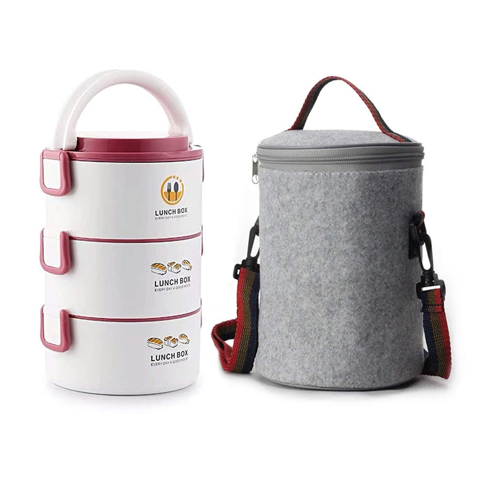 Lille Home Stackable Stainless Steel Thermal Compartment Lunch Box | 3-Tier Insulated Bento Box/Food Container with Insulated Lunch Bag & Foldable Stainless Steel Spoon (Round Red)