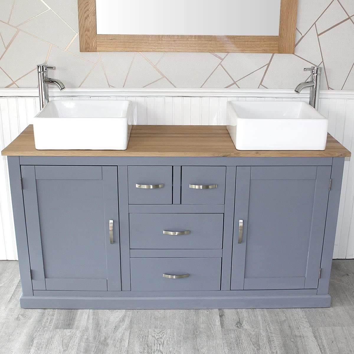 Wooden Bathroom Vanity Unit with 2 Ceramic Basins - Modern Bathroom Sink Cabinet with Drawers - Double Vanity Unit with Chromed Mixer Taps - Grey Painted - Square Bowl (603GCB035X2)