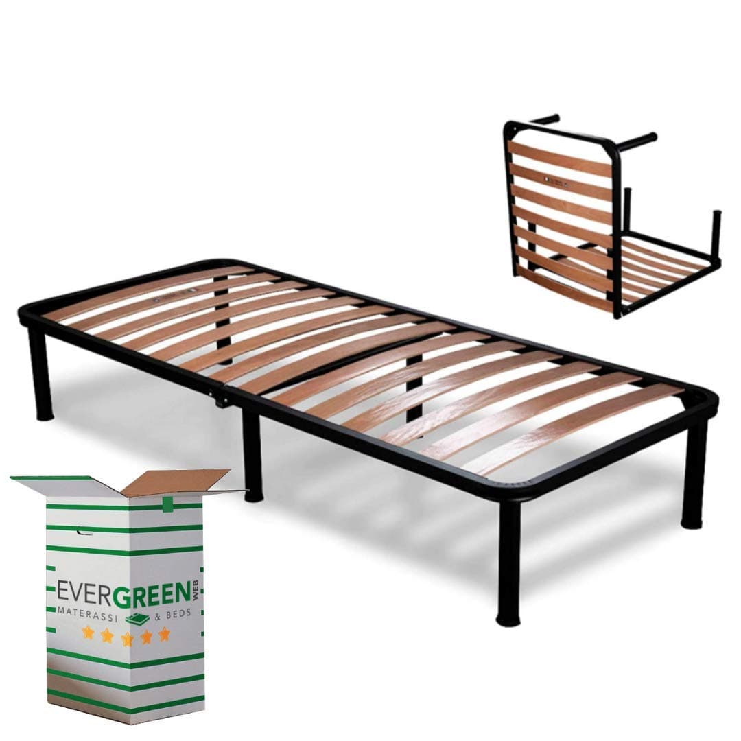 EVERGREENWEB - Folding Bed Frame with Strong Iron Frame and Beech Wood Slats Orthopedic Bed Base Fully Assembled + 6 Legs for All Mattresses and Pillows, 100% Italian (75 x 190 cm, Bed Base)