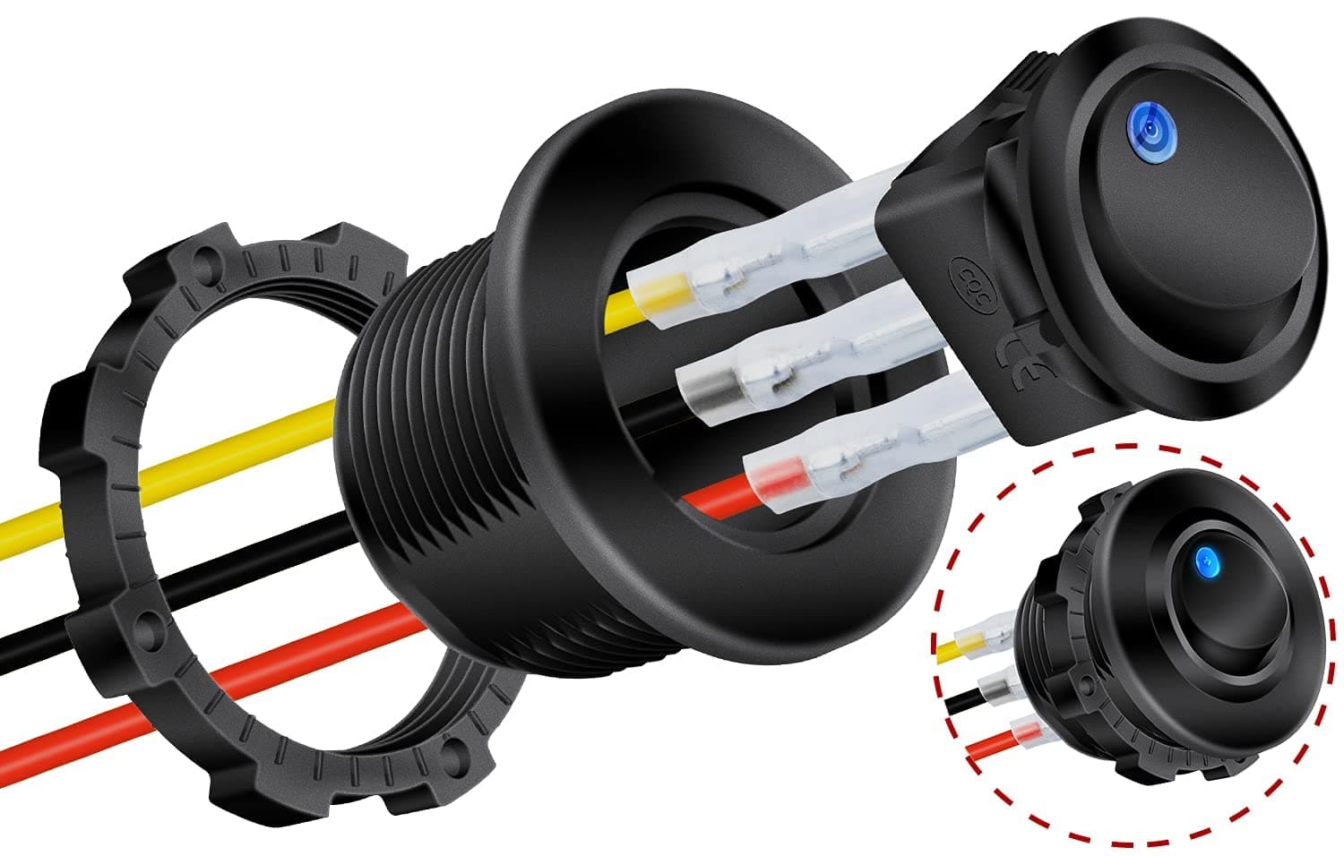 DaierTek Round Rocker Switch Shell 3 Pin with Blue LED Rocker Toggle Switch SPST ON Off 20A 12VDC for Car Truck