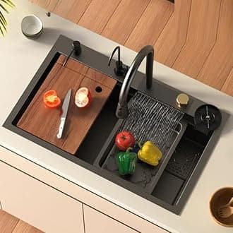 Kitchen sink 30'' x 18'' x 9'' Waterfall Sink Integrated HONEYCOMB DESIGN 304 Grade With CLASSY BLACK MATT Finish Single Bowl Multifunction Kitchen Sink