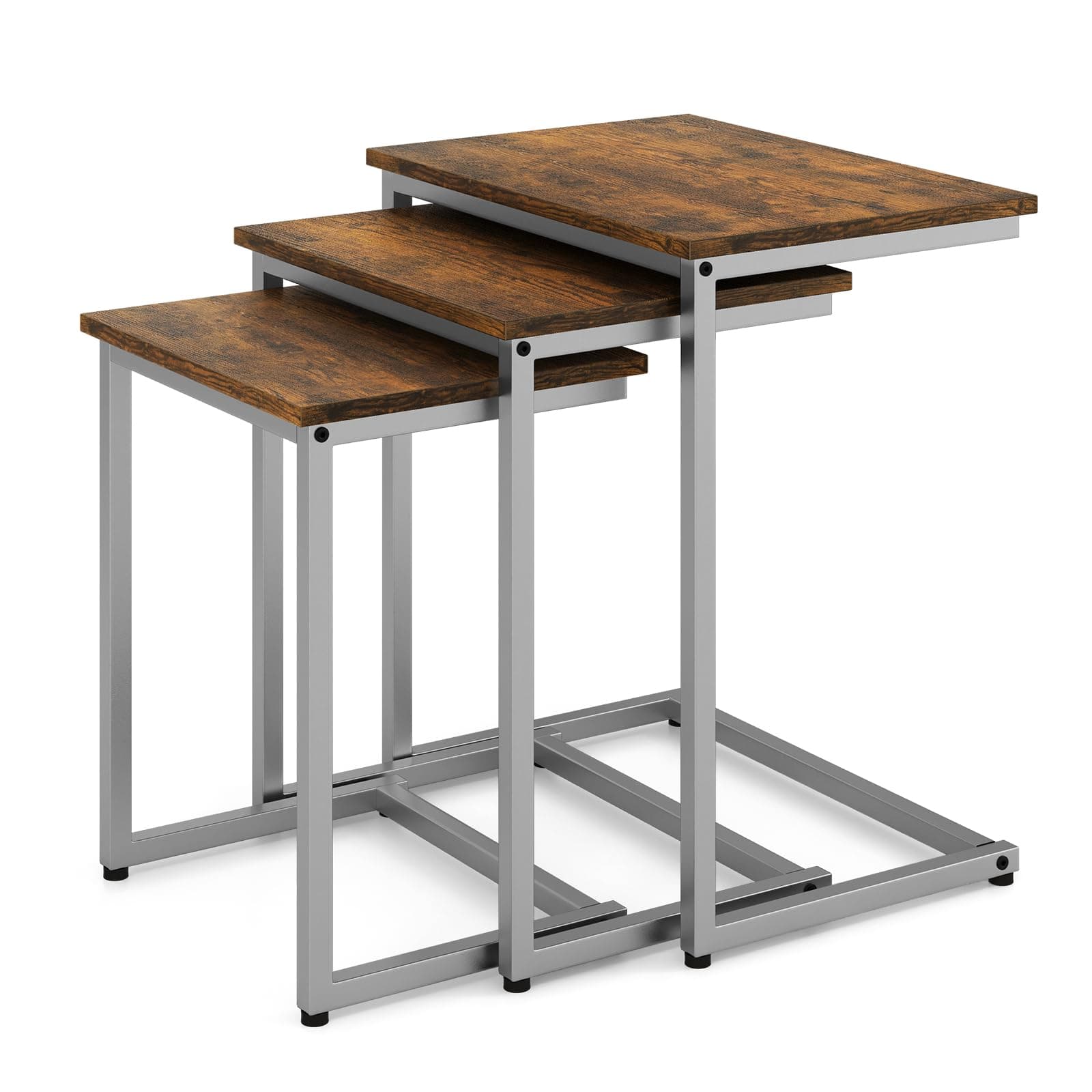 COSTWAY Set of 3 Nesting Tables, Industrial Stackable Coffee Snack Table Laptop Desk, Home Office C-Shaped Side End Table for Living Room Bedroom Balcony (Vintage Brown)