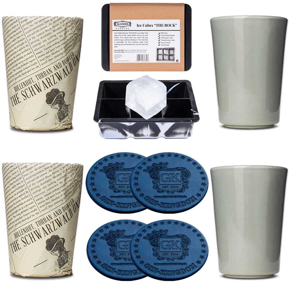 Monkey 47 Gin Glasses Set | 4x Monkey Gin Tonic Mug | 4x Bar Coaster | 1x XXL Ice Cube Mold with Lid | Perfect Gin Gift Set