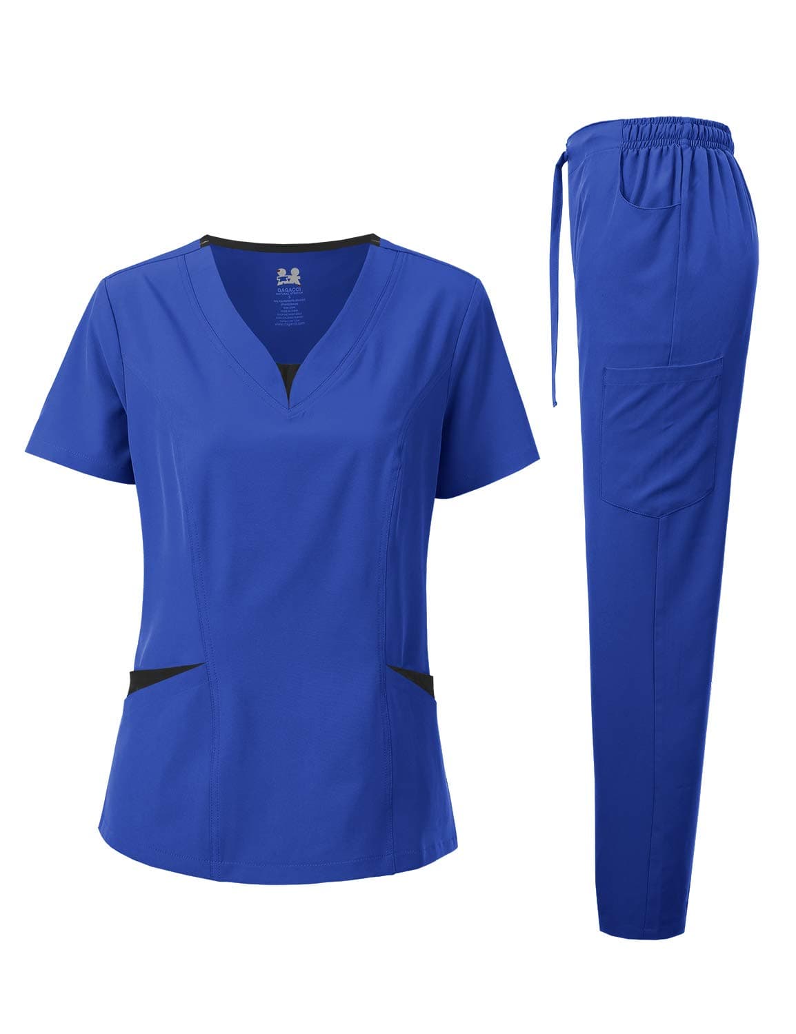 Dagacci Medical Uniform Women's Scrubs Set 4-Way Stretch Split Contrast Net and Pocket, 4-way Stretch - Royal Blue, M