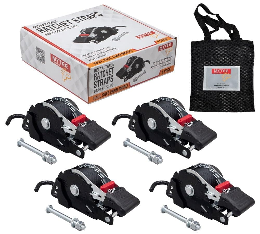 Mytee Products 4 Pack 1'' x 10' Bolt on Retractable Ratchet Straps for Cargo - Coated S Hook Auto Retract Ratchet Straps - Self Ratcheting Strap for Boat Tie Down to Trailer & Jet Ski, ATVs, Bikes