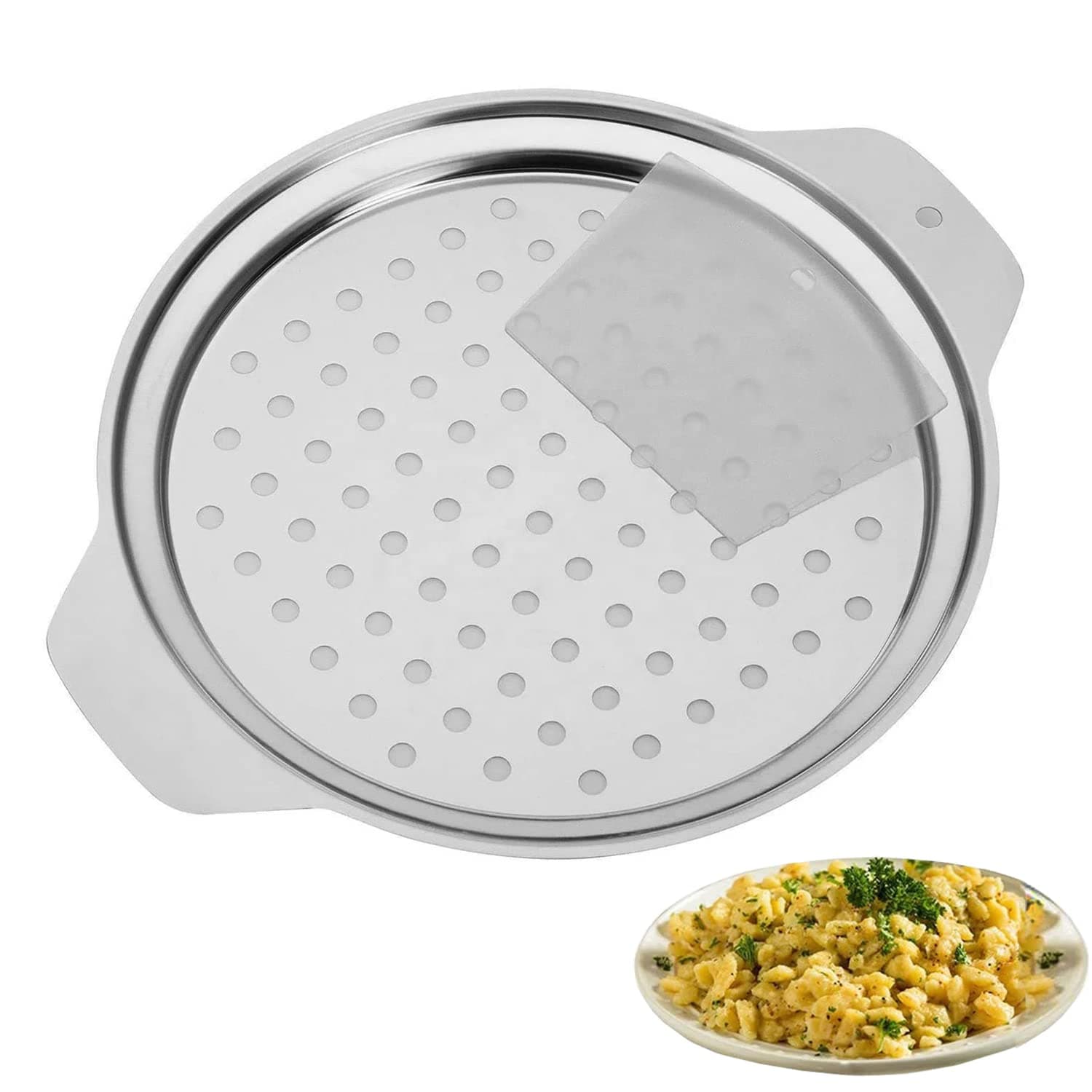 Stainless Steel Spaetzle Maker Lid with Scraper, Spaetzle Insert, Spatzle Press German Egg Dumpling Spätzle Noodle Maker Fit Over Pot Pan- Spaghetti Strainer