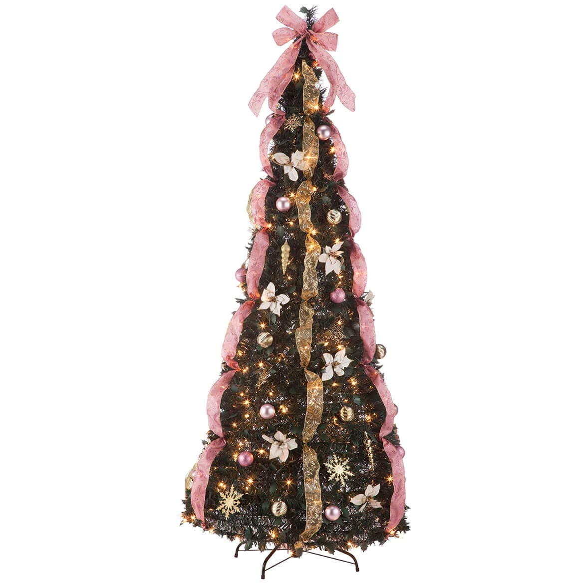 7’ Victorian Style Pull-Up Christmas Tree by Holiday Peak, Gold and Blush Pink, Pre-Lit and Fully Decorated, Collapses for Easy Storage