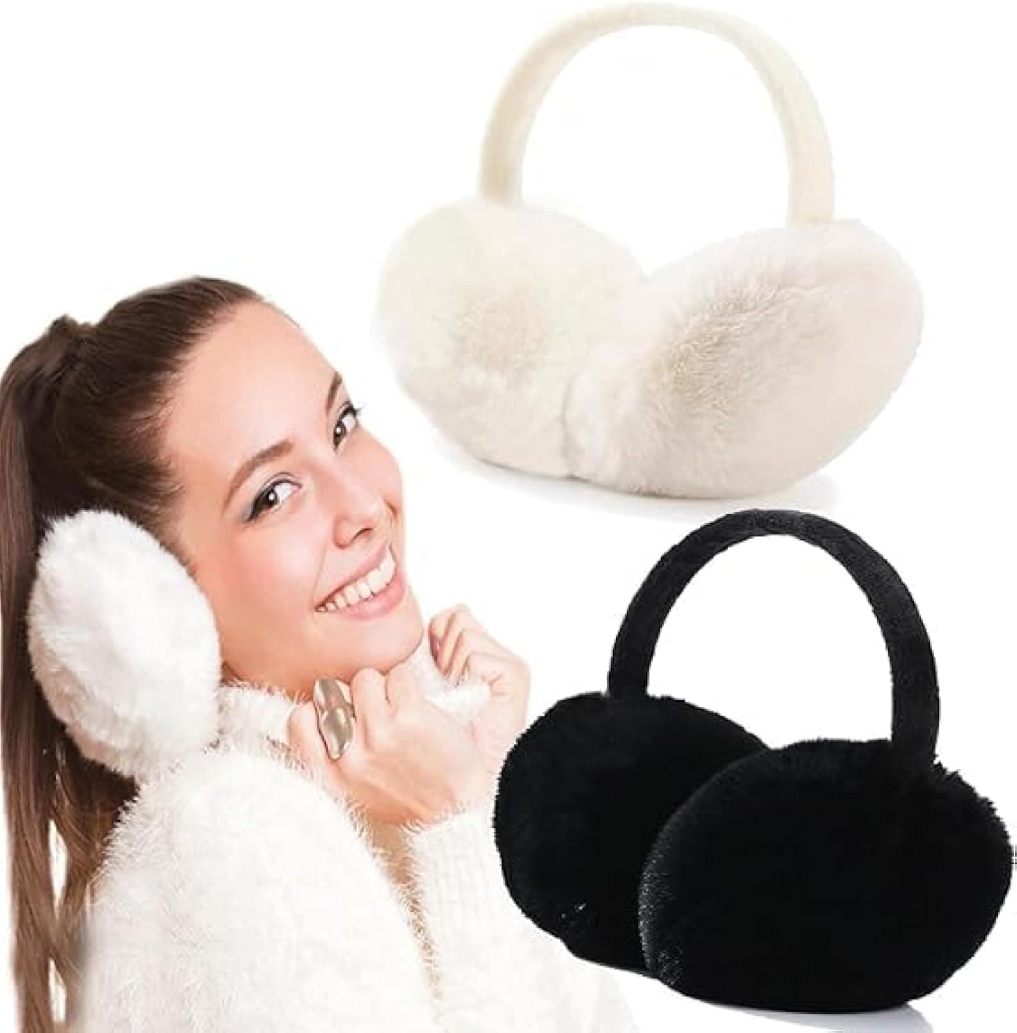2 Pack Winter Ear Muffs for Men Women, Foldable Cold Weather Earmuffs, Fleece Warm Ear Warmers, Behind The Head Ear Muffs, Fuzzy Cold Outdoor Earmuffs, Headband Ear Covers, Black, Beige