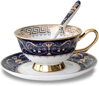 YBK Tech Euro Style Bone China Cup& Saucer Set, Ceramic Tea Coffee Cup for Home Kitchen Wedding (Royal Pattern- Deep Blue)