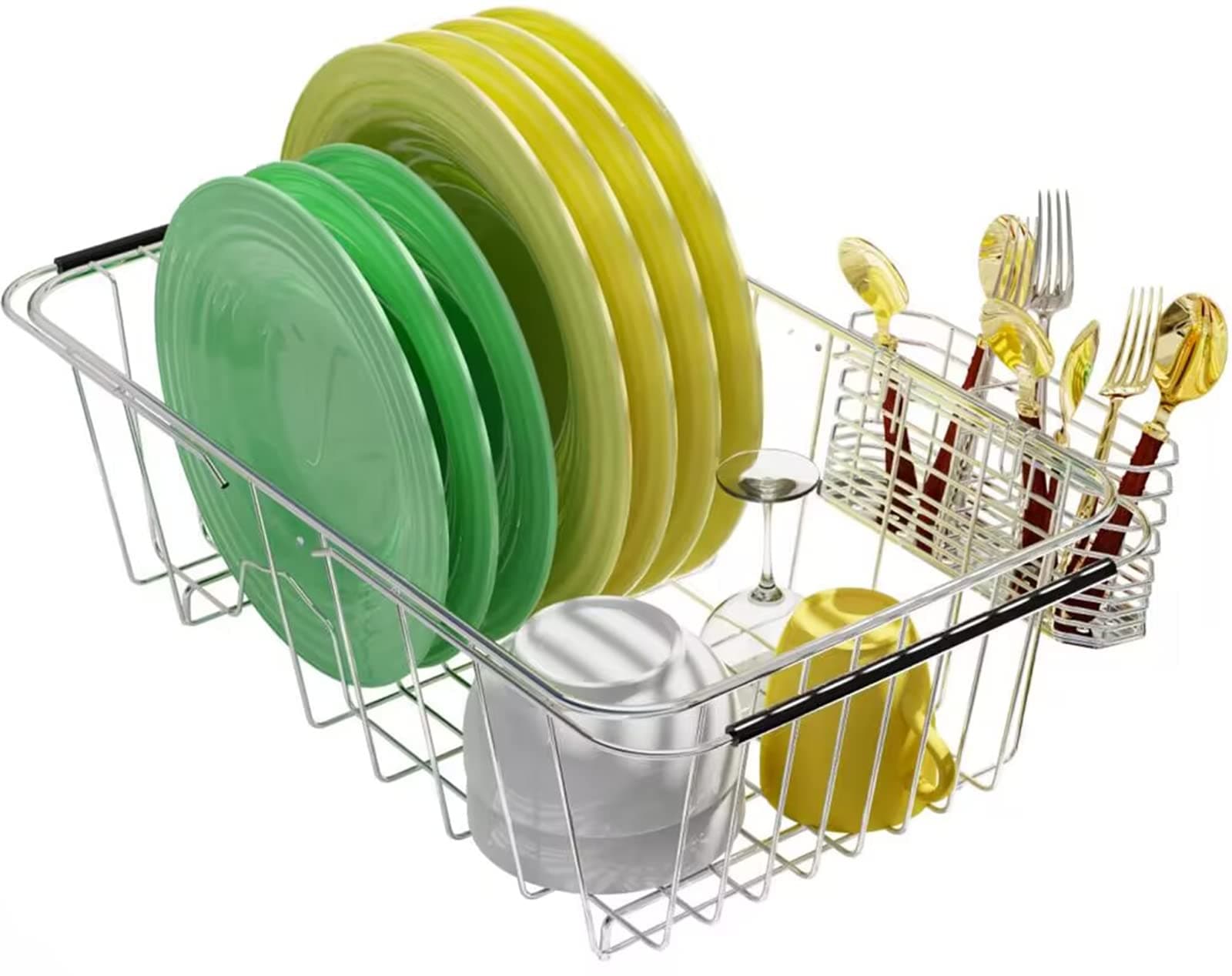 Small Dish Drying Rack in Sink Adjustable 14.96" to 20.59", 304 Stainless Steel Dish Drainer Rack Expandable with Utensil Holder, Rustproof Metal Sink Organizer Shelves Over Sink