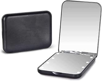 Kintion Pocket Mirror, 1X/3X Magnification LED Compact Travel Makeup/Purse Mirror with Light, 2-Sided, Portable, Folding, Handheld, Small Lighted for Gift, Black