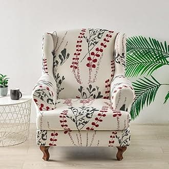 Chickwin Stretch Wingback Chair Slipcover, Botanical Print Living Room Chair Covers Furniture Protector, Spandex Wing Back Chair Covers with Arms (Red Leaves)