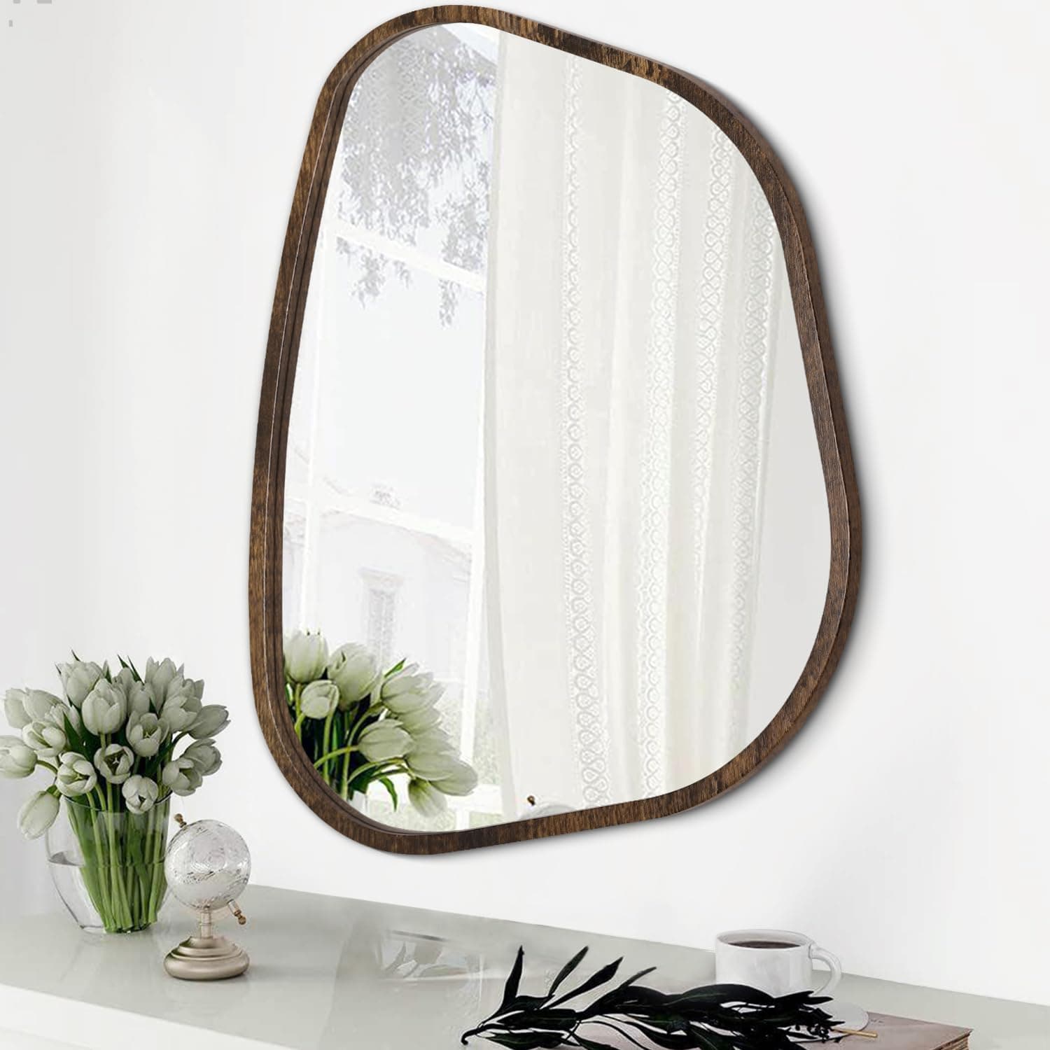Asymmetrical Accent Mirror for Wall Irregular Oval Wood Frame Modern Unique Wall Mirror Decorative Boho Vanity Bathroom Living Room Bedroom Entryway Hallway Artistic Wavy Mirror Large 26"x18"