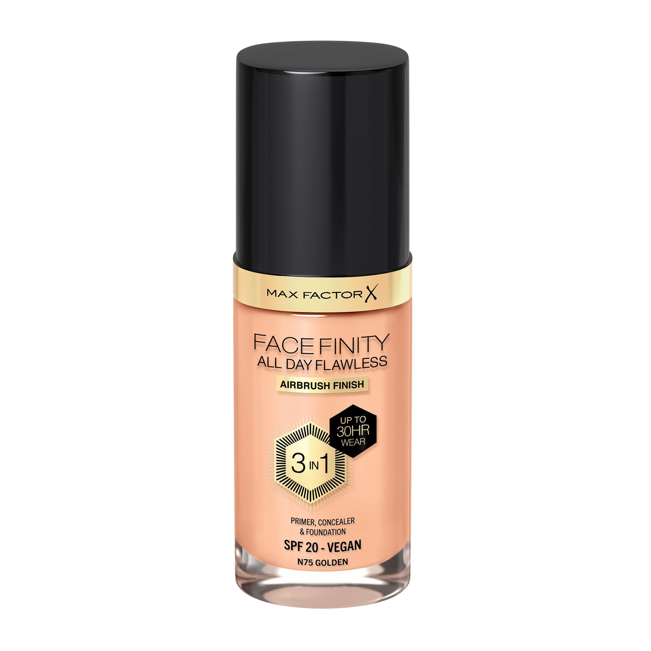 Facefinity All Day Flawless 3 in 1 Liquid Foundation, Lightweight Oil Free Formula with SPF 20, 075 Golden, 30 ml, packaging may vary
