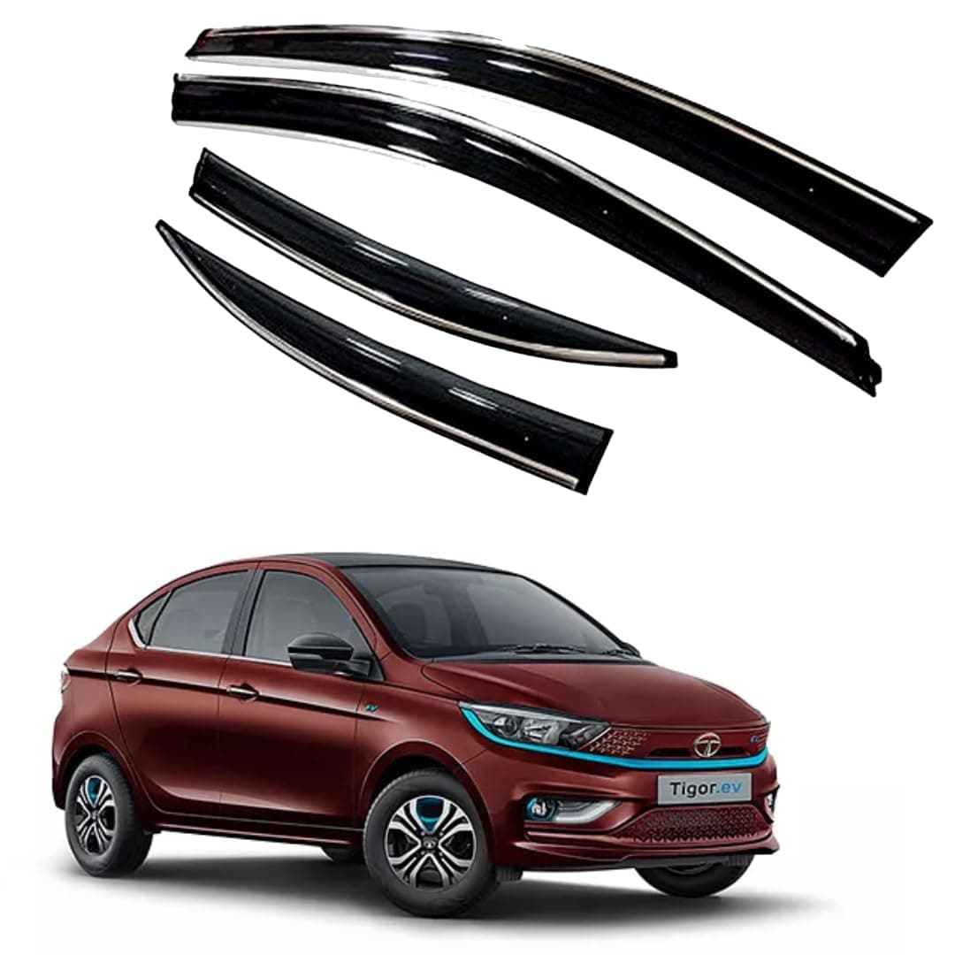 ROYALTECH Premium Chromeline & Silverline Unbreakable Car Rear Window Wind Deflectors & Side Door Visor Rain Guard Compatible with (Tata Tigor EV (2019 Onwards))