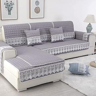 vctops Farmhouse Solid Color Sofa Slipcover Non Slip L Shape Sofa Cover Lace Trim Plaid Quilted Sectional Couch Cover Furniture Protector Cover for Pets Kids Children Dog Cat (Gray,28"x82")