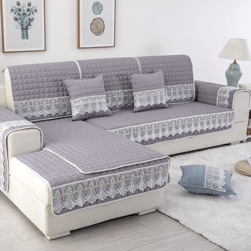 vctops Farmhouse Solid Color Sofa Slipcover Non Slip L Shape Sofa Cover Lace Trim Plaid Quilted Sectional Couch Cover Furniture Protector Cover for Pets Kids Children Dog Cat (Gray,28"x70")