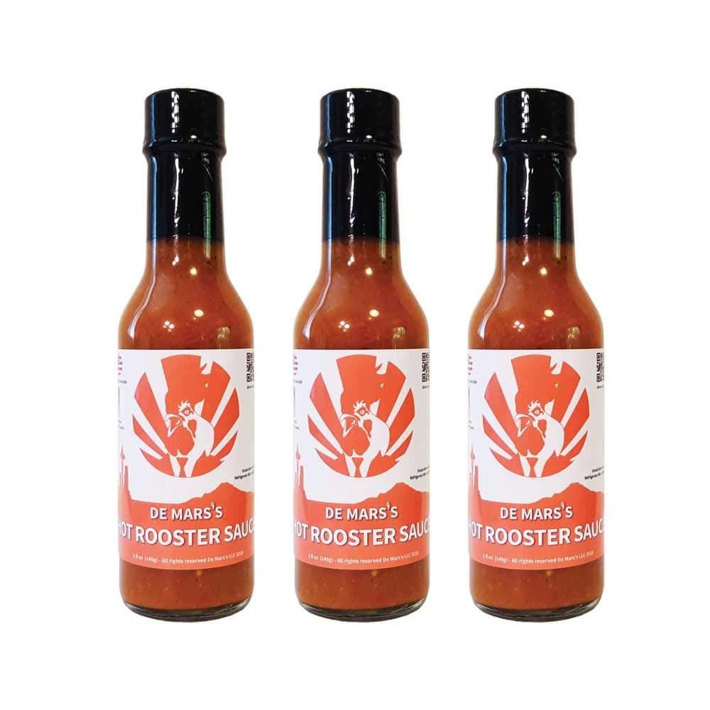 de Mars's Hot Rooster Sauce 5oz Three Pack - 3x5oz Bottles Gourmet Cooking BBQ Saute Hot Sauce