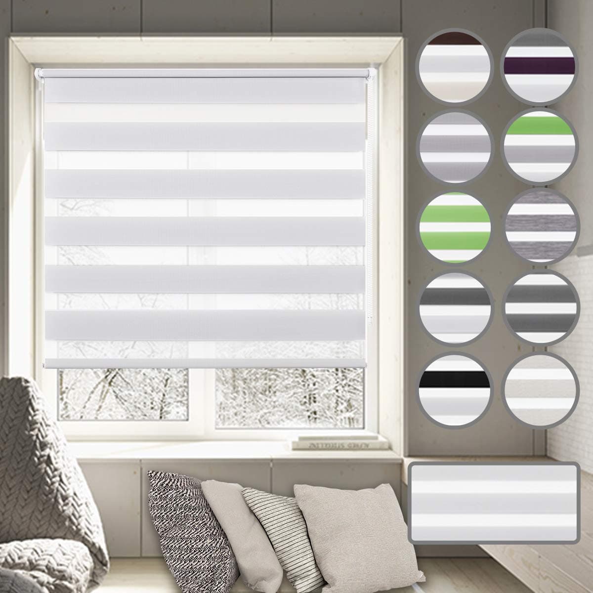 Day and Night Roller Blinds - 80 x 150 cm White Zebra Roller blinds Translucent or Blackout Curtains Easy Fix with Accessories for Windows and Doors