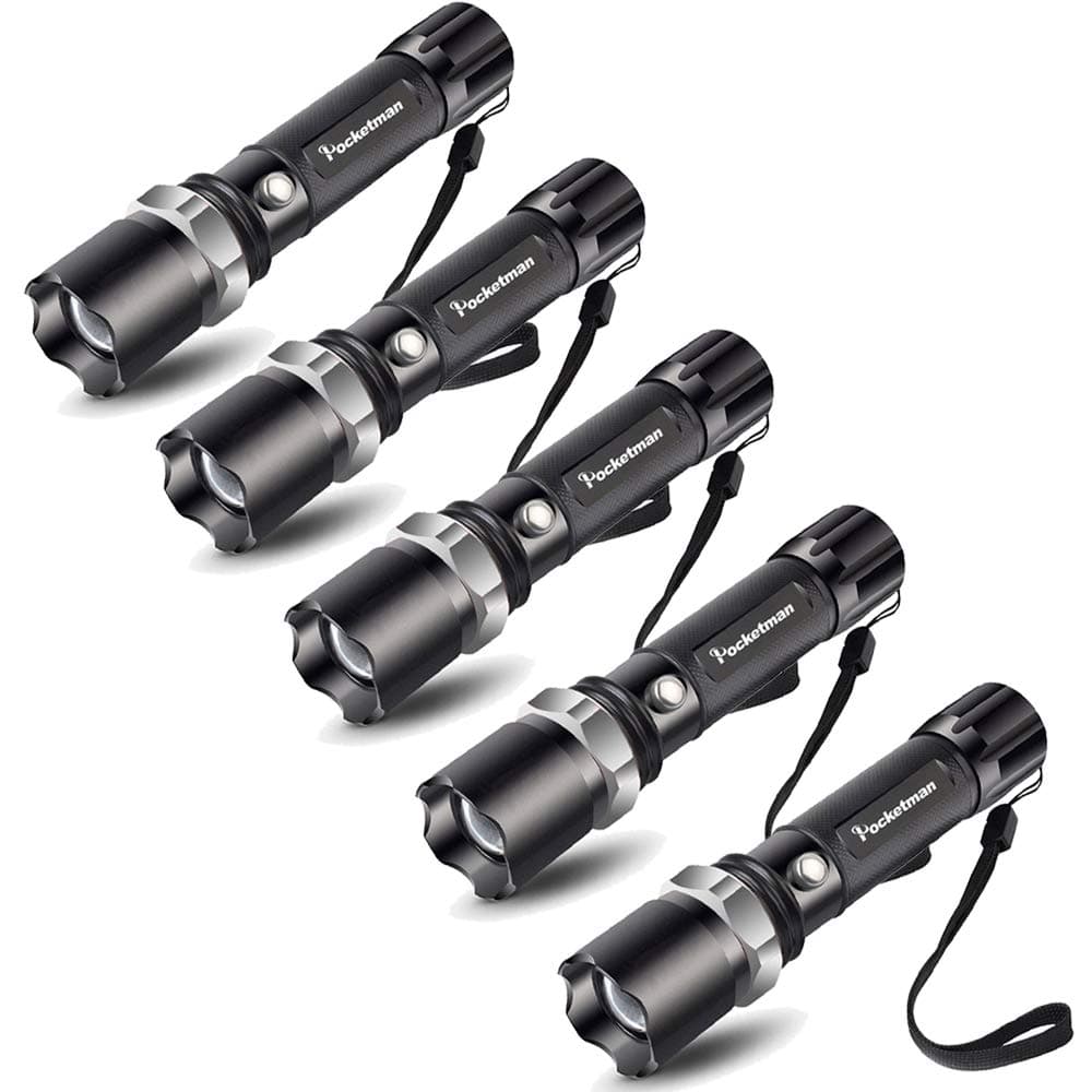 Pack of 5 LED Tactical Flashlight, 2000 Lumens, Zoomable Adjustable Focus, IP65 Water-Resistant Torch, Super Bright Tac light with 5 Light Modes For Outdoors Camping, Hiking and Emergency