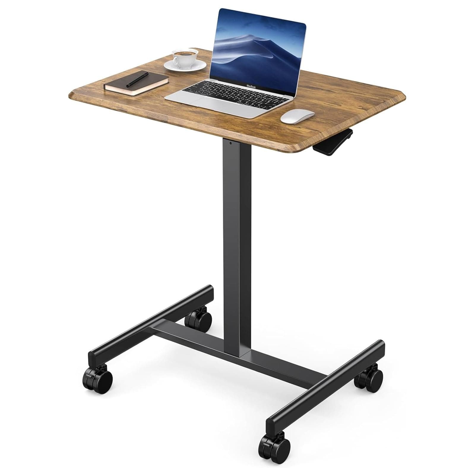 DUMOS Small Standing Desk Mobile Portable Rolling Laptop PC Table on Wheels Adjustable Height Computer Workstation for Home Office, 19 Inch, Brown