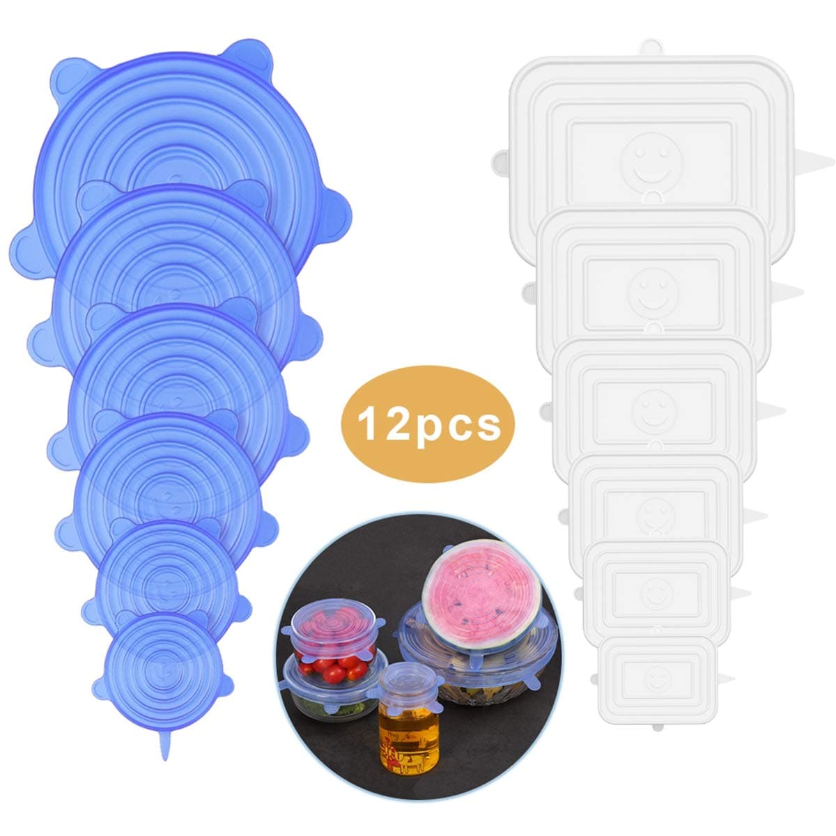 Silicone Stretch Lids,12-Pack Various Sizes Cover for Bowl Reusable Durable and Expandable Lids Silicone Covers for Fresh Food Stretch for Container, Bowl in Dishwasher