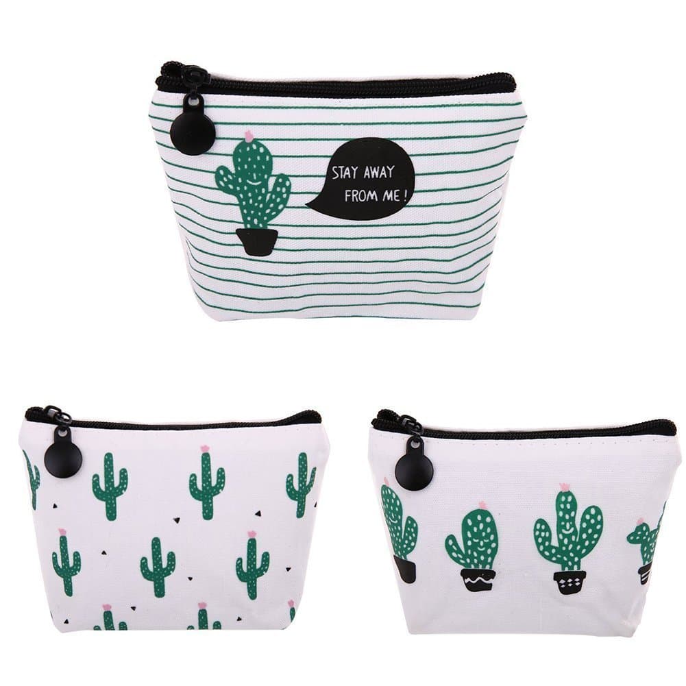 Turquoise Gate Set of 3 Assorted Canvas Zip Mini Card Holder Wallet Pastoralen Floral Cactus Design Coin Pockets Fall