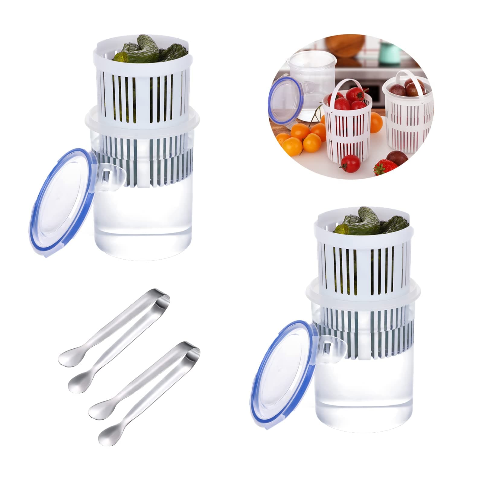 Garhelper 2Pcs Pickle Container Jar with Strainer,Pickle Holder Keeper Lifter with 2 Clips,Pickles Olive LeakProof Juice Separator Sieve Food Saver Storage Container with Leak Proof Lock Lid&Clip for