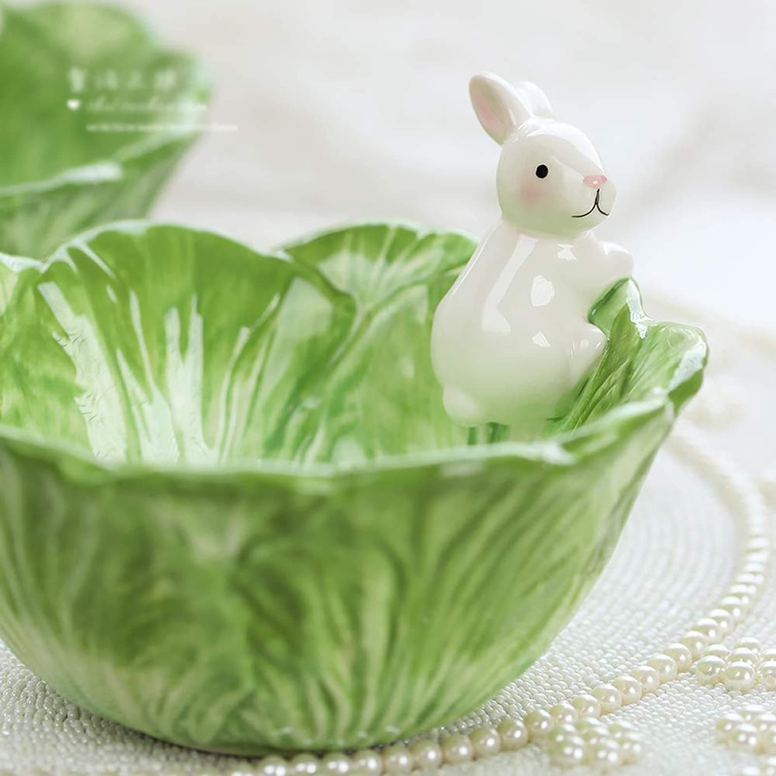 DoubleW Cute Cartoon Green Cabbage with White Rabbit Shaped Ceramic Bowl, Creative Fruit Dish, Partysu Salad Bowl, Kid Rice Bowl, Child Soup Bowl