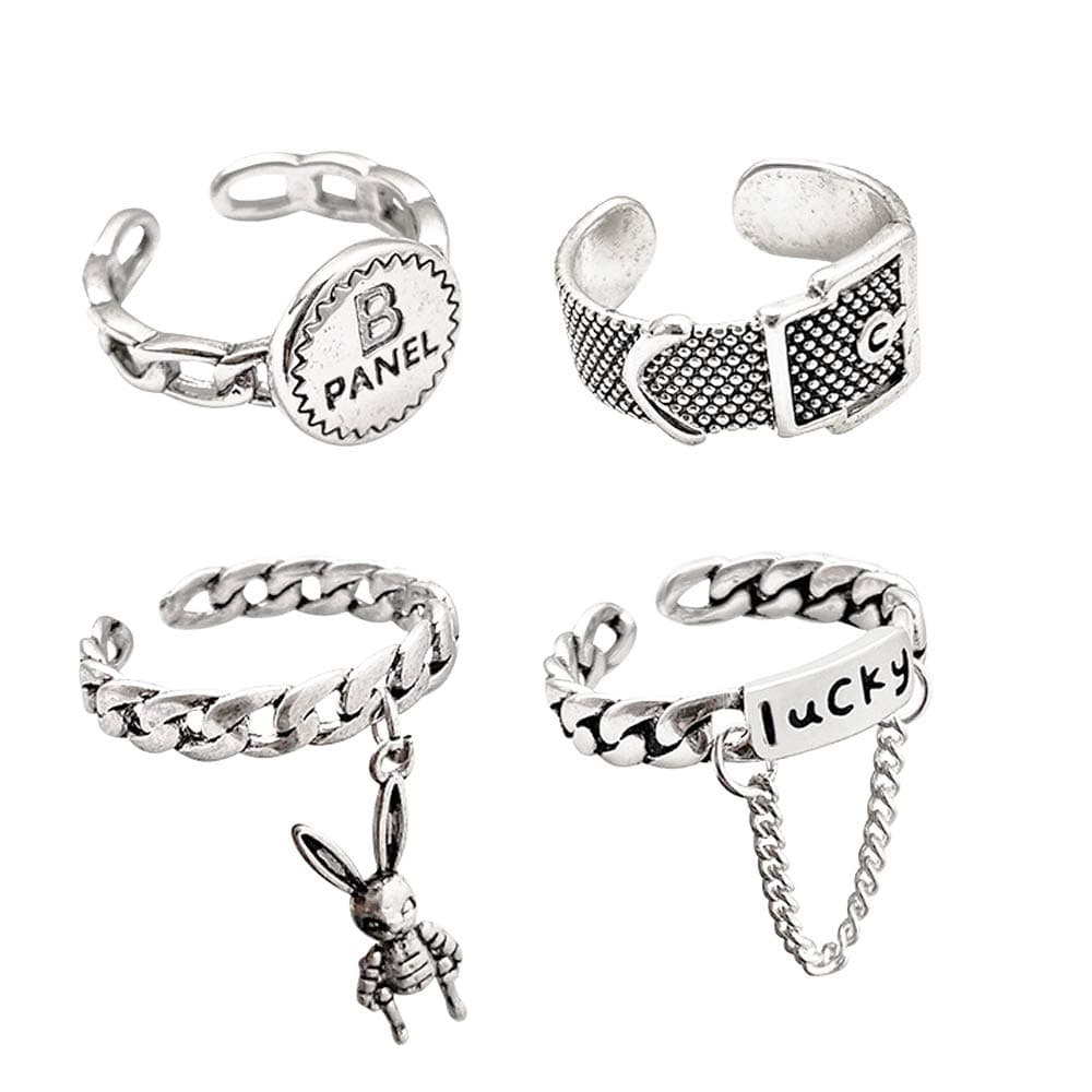 JemantRing Set Silver Adjustable Belt Buckle Rabbit Engraved Lucky B Chain Rings For Women Goth Viking Kpop Punk Vintage Open Stackable Ring Set For Teen Girls Daughter Mom Nickel Free Jewelry