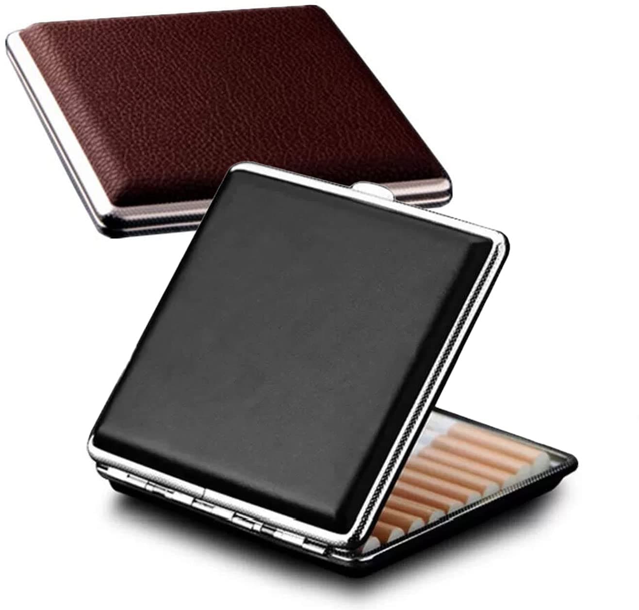 Cigarette Case Stylish Leather Surface Metal Box for 20 Cigarettes Cigarette Box for Men and Women Ideal Gift for Smoker 2 Boxes 84mm Regular Size(Black + Brown)