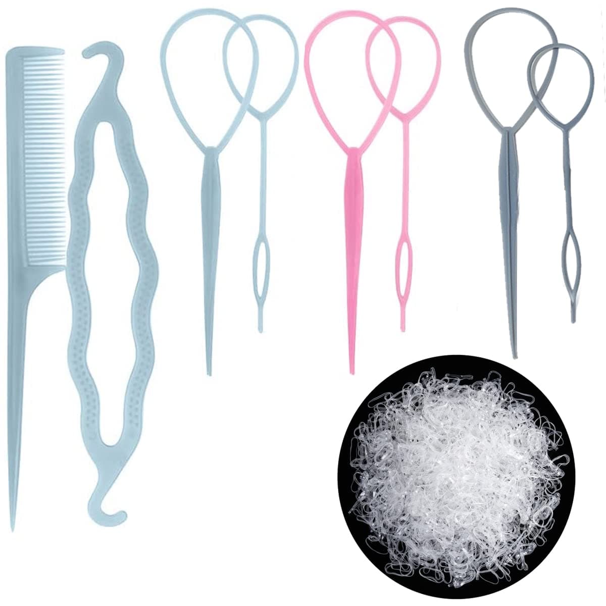 8 Pcs Topsy Tail Hair Tool With 1000 Pcs Elastic Hair Ties Hair Elastics Small Rubber Band with Topsy Tail Tool for Kids Girls Hair Braiding Hair Wedding Hairstyle