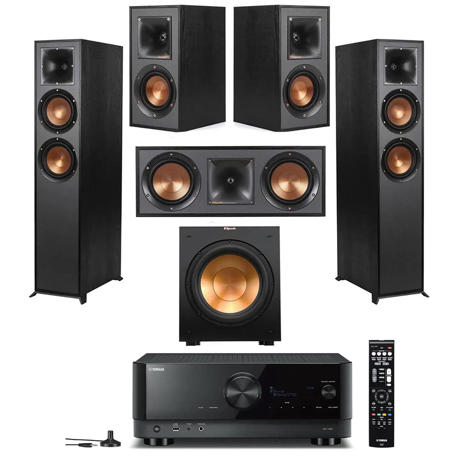 Klipsch Reference Dolby Atmos Home Theater Bundle with R-625FA Floorstanding Speakers, R-52C Center, R-41M Surrounds, R-12SW 12" Subwoofer & Yamaha RX-V6 AV Receiver