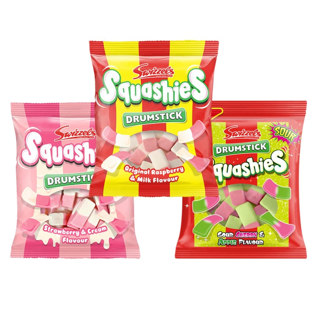 Squashie DrumStick Candies Variety Multipack - 3 Pack BUNDLE - (120g each) - IMPORTED FROM THE UK (Original, Strawberry & Cream and Sour Cherry & Apple)