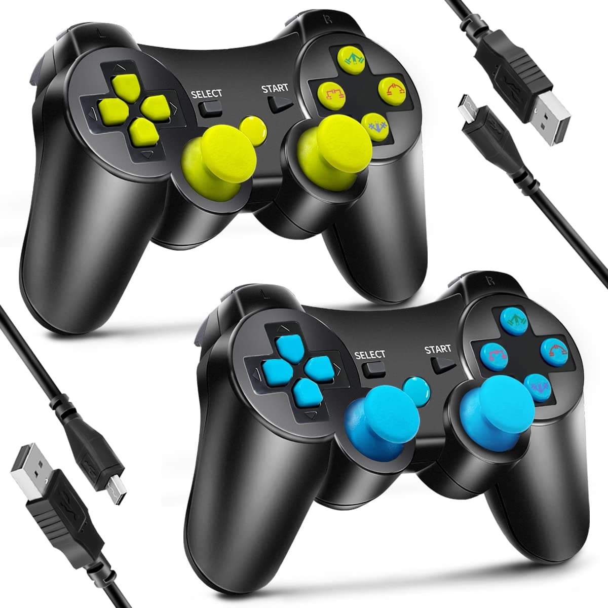 2 Pack Wireless Controller for PS3, Wireless 6-axis Double Shock Gaming Controller for Playstation 3 with Motion Control, Charging Cord(Blue and Green)