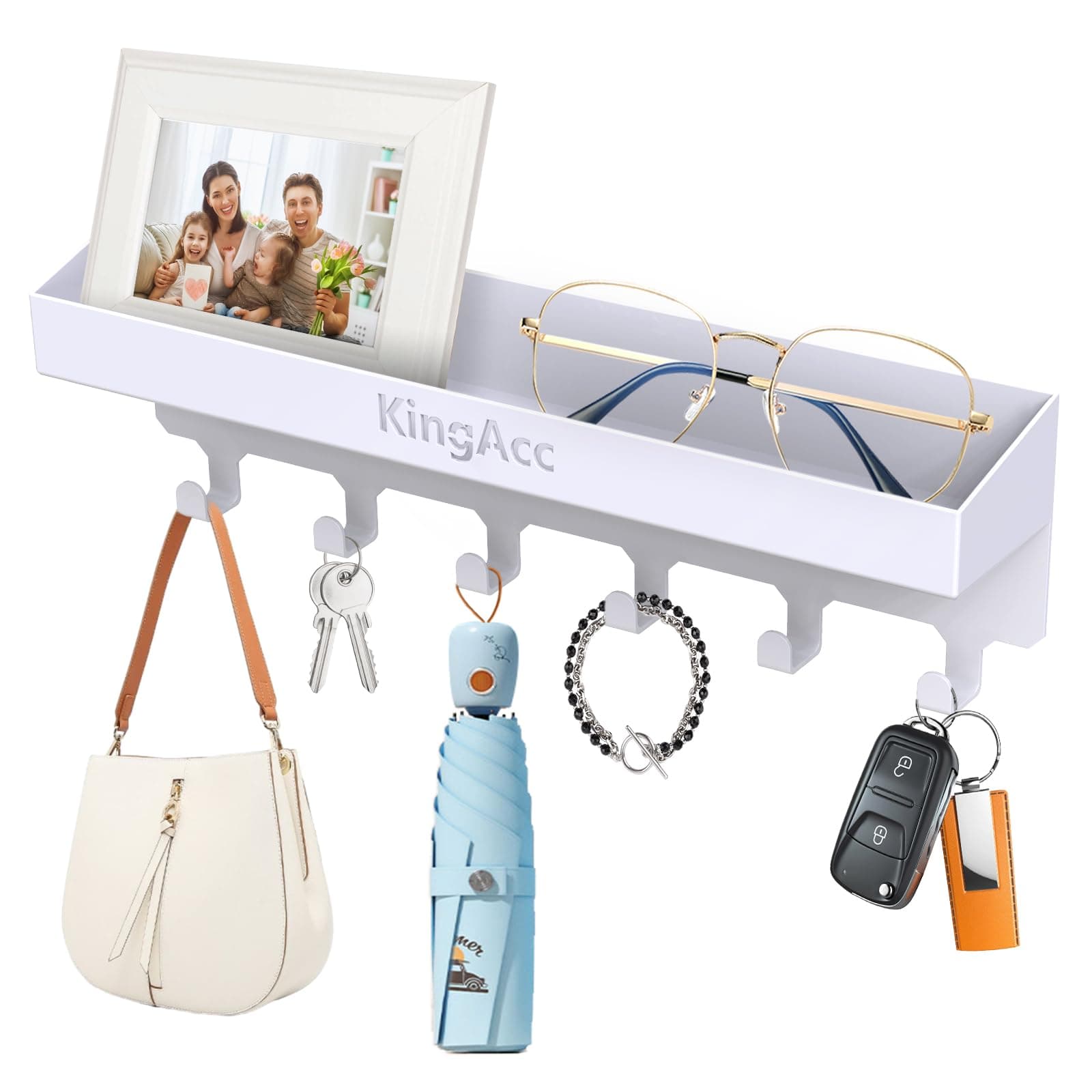 KingAcc Key Holder for Wall Decorative, Wall Mounted Key and Mail Organizer, Adhesive Key Rack with Tray for Entryway Hallway Kitchen Farmhouse, Metal Key Hanger with 6 Key Hooks(White)