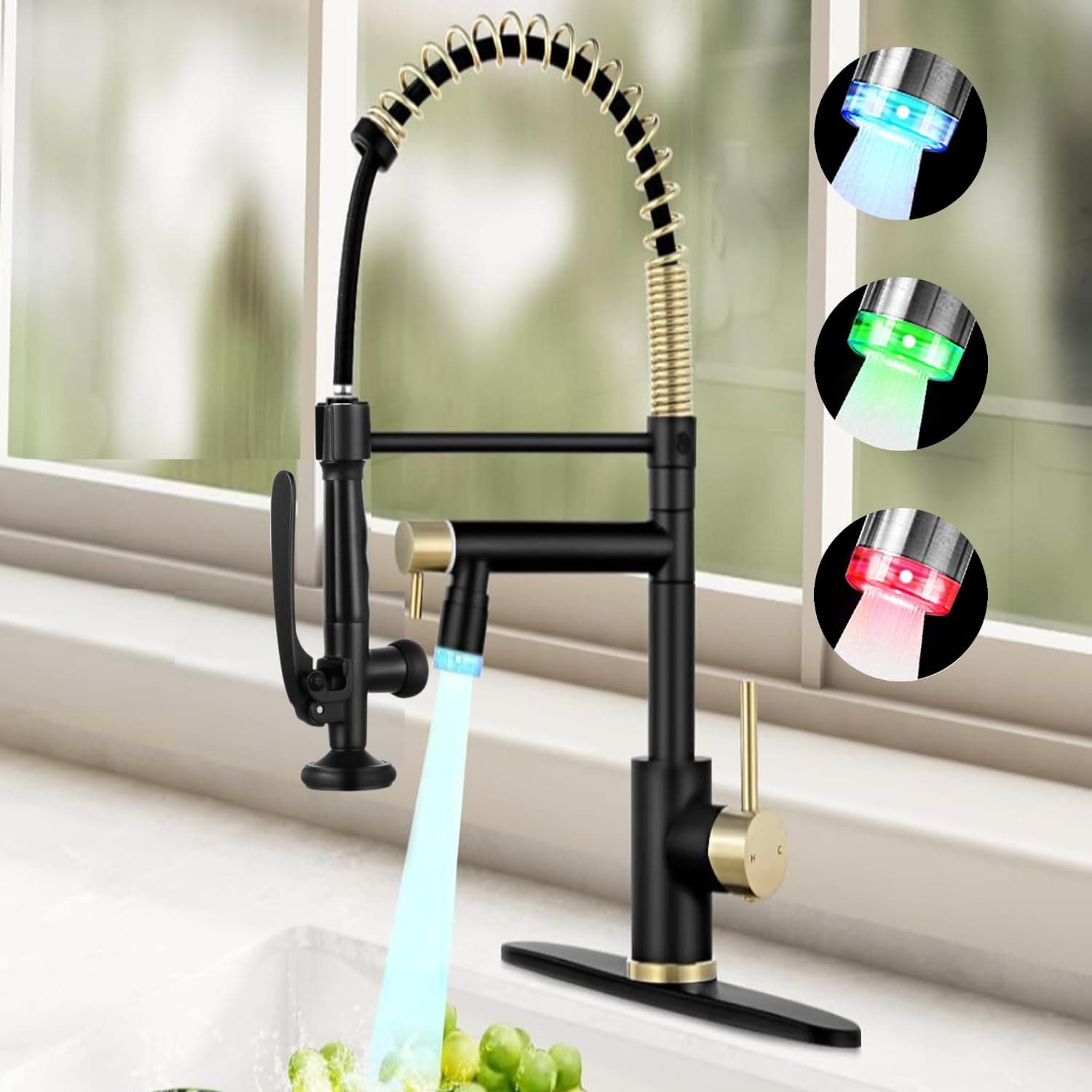 Smart Kitchen Faucet, 3 Modes Pull Down Sprayer, LED Temperature Control, Ceramic Valve,360-Degree Rotation,1 or 3 Hole Deck Plate, Double Spout. 10-Year Warranty. (Black/Gold,KW-05GR)