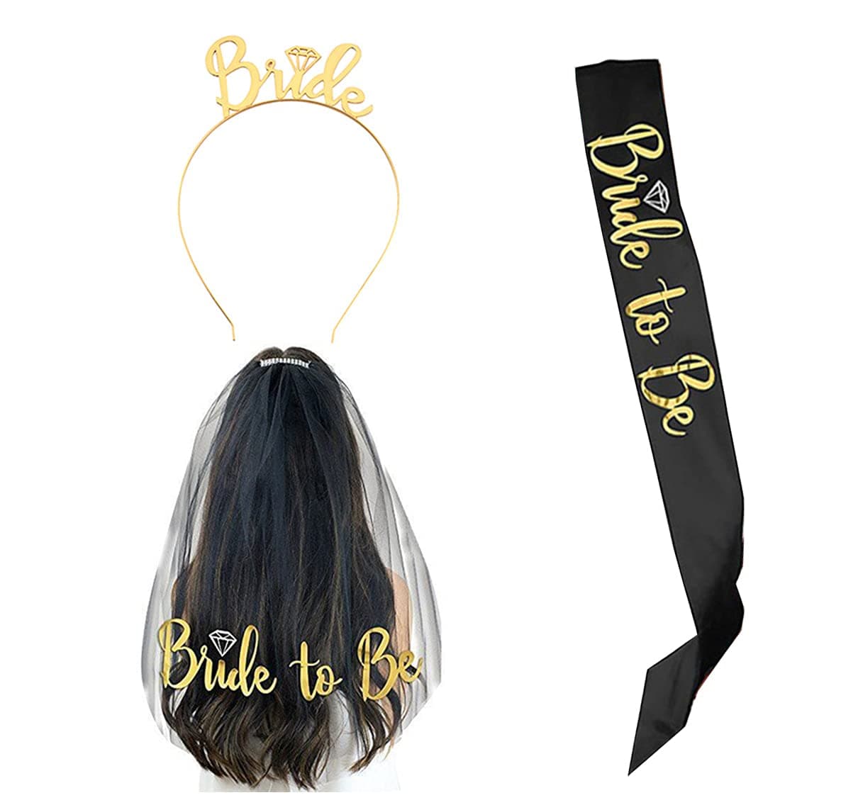 Bride to Be Set, 3pack Bride to Be Sash & Headband Tiara & Shoulder Length Veil Bachelorette Party Supplies Bridal Shower Decoration Accessories(Black)