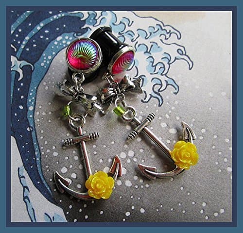 Sailed for Distant Lands Anchor stretched dangle Pretty earrings EAR PLUG you pick gauge size 6g, 4g, 2g, 0g, 7/16" aka 4mm, 5mm, 6mm, 8mm