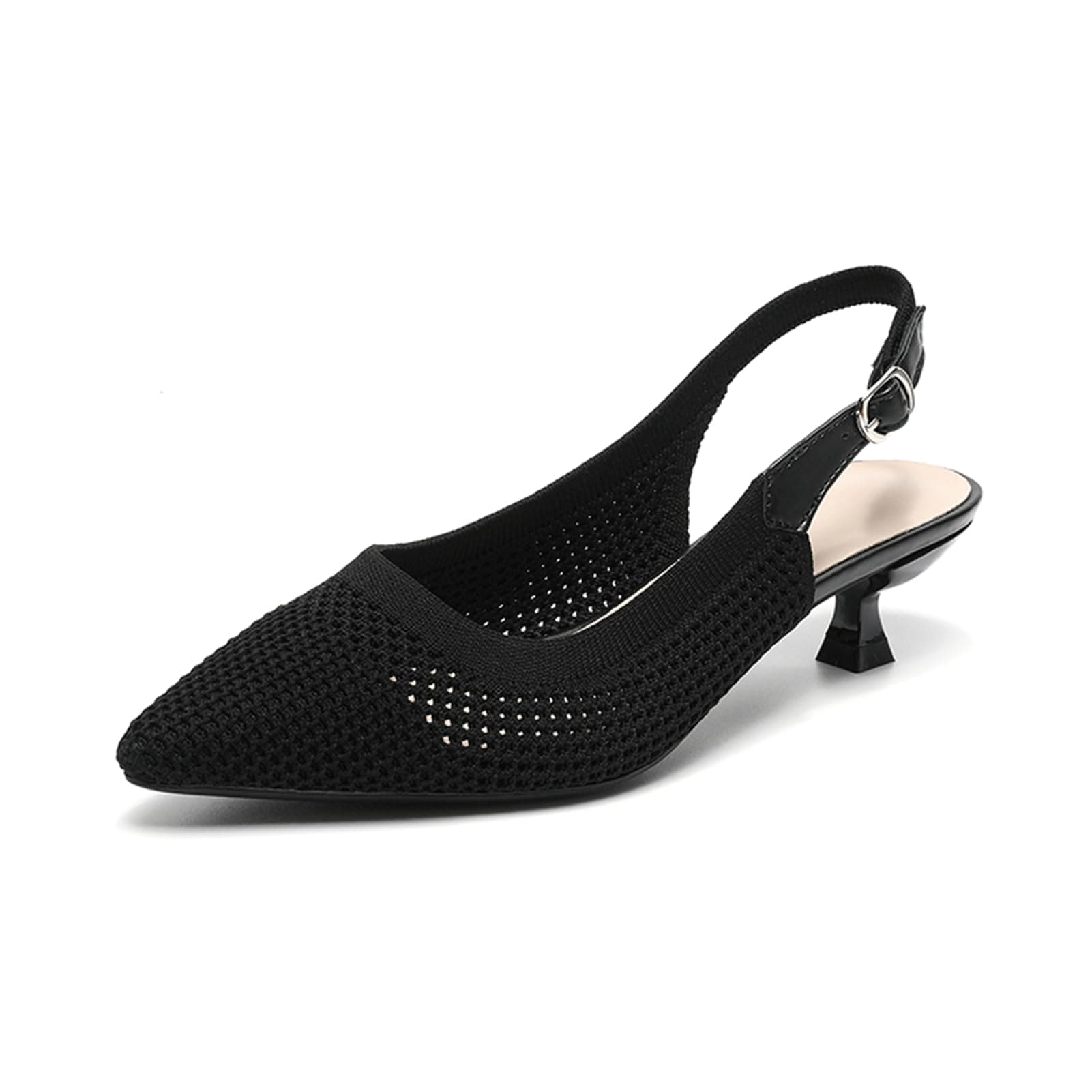 youngshow Womens Adjustable Slingback Heels, Pointed Toe Mid-Low Heel, Cute Knitted Slip On Work Pumps Dress Shoes