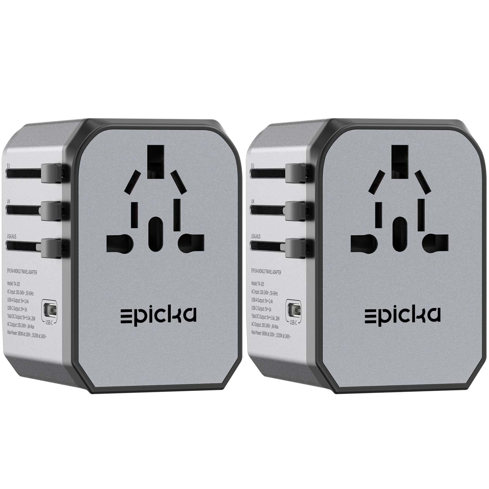 EPICKA 2 Pack Universal Travel Adapter, International Plug Adapter with 4 USB-A & 1 USB-C Ports, Travel Power Adapter Worldwide, All-in-One Wall Charger for US to EU UK AUS (Space Grey)