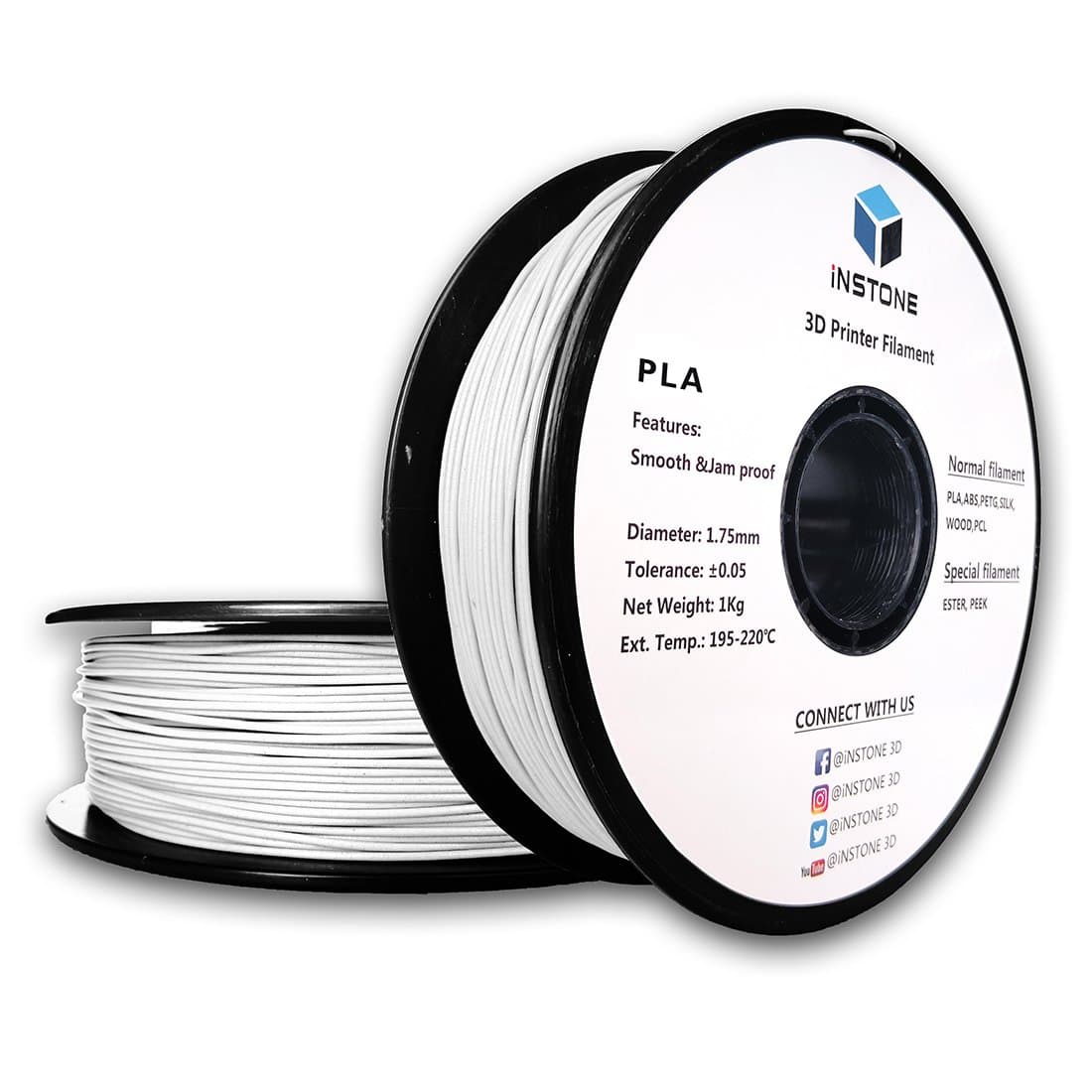 iNSTONE PLA-15 PLA Filament 1.75mm for 3D Printer, 1 kg Spool, Various Colors, White