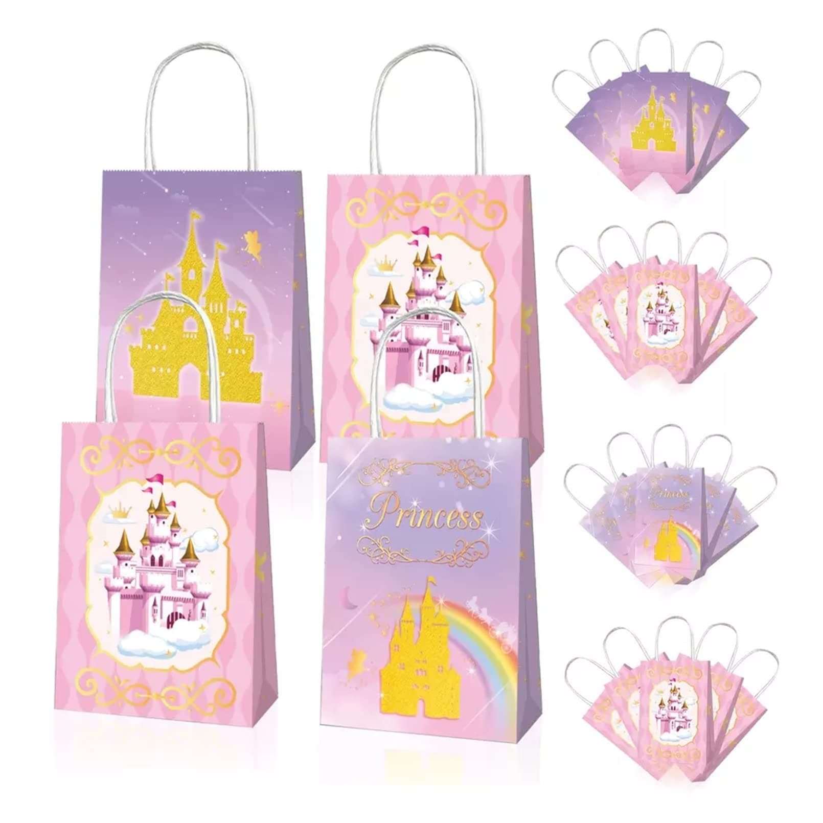 12 Pack Castle Party Favor Bags, Kids Pink Goodie Bags for Birthday Party, Candy Treat Bags Colorful Party Paper Gift Bags for Princess Theme Party Favor Supplies