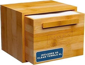 Clean Skin Club Clean Luxe Bamboo Box with Drawer & Towels XL, Face Towel, Disposable Makeup Remover Dry Wipes, Facial Wash (Bamboo Container Drawer)