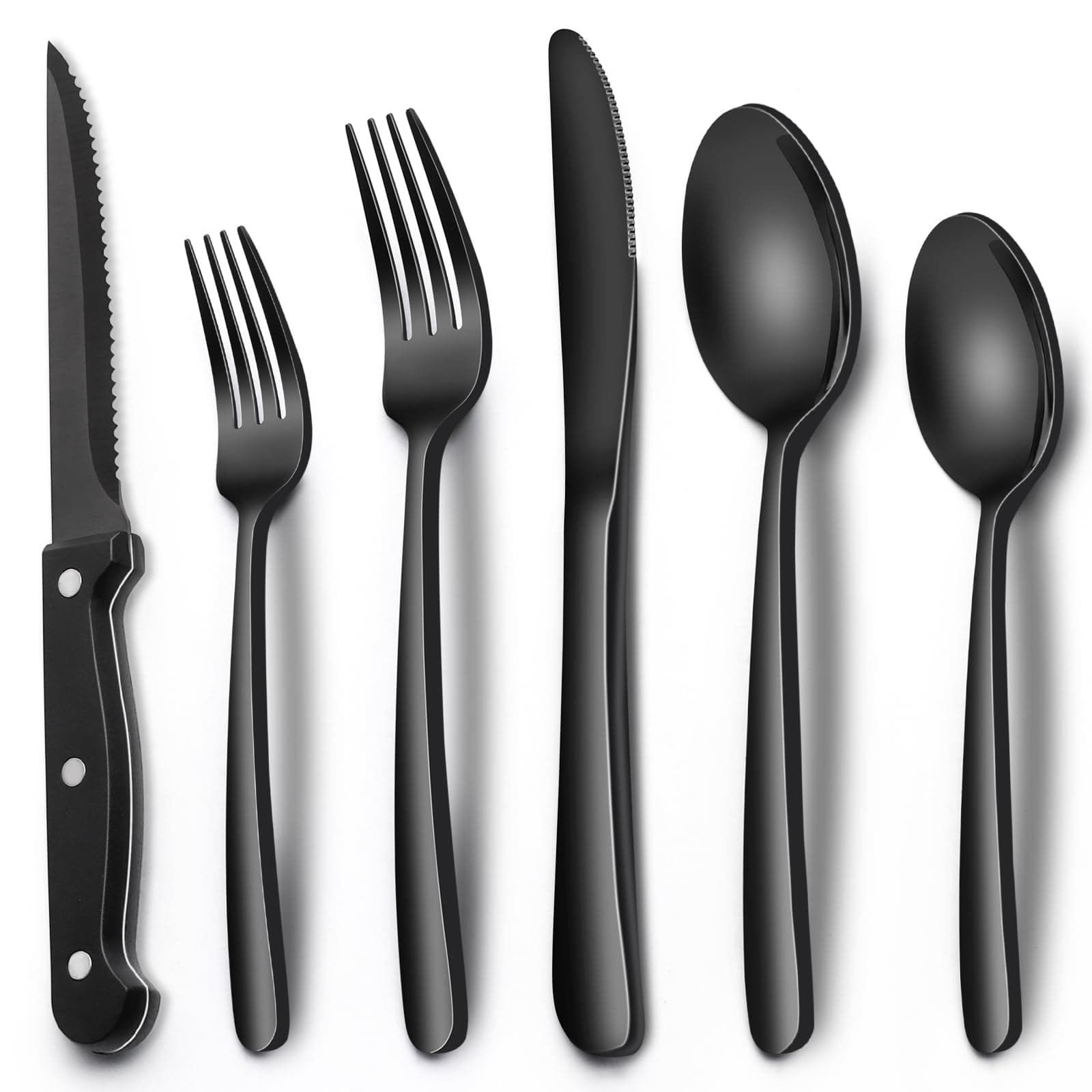 EWFEN 24-Piece Black Silverware Set with Steak Knives, Black Flatware Set for 4, Food-Grade Stainless Steel Tableware Cutlery Set, Mirror Finished Utensil Sets for Home Restaurant, Heavy Duty