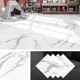 White Peel and Stick Floor Tile Marble 12X12 Inch Waterproof Vinyl Floor Tile Stickers Peel and Stick Vinyl Flooring Sheet Kitchen Flooring Bedroom Bathroom Laminate Flooring Tiles,4 Pack