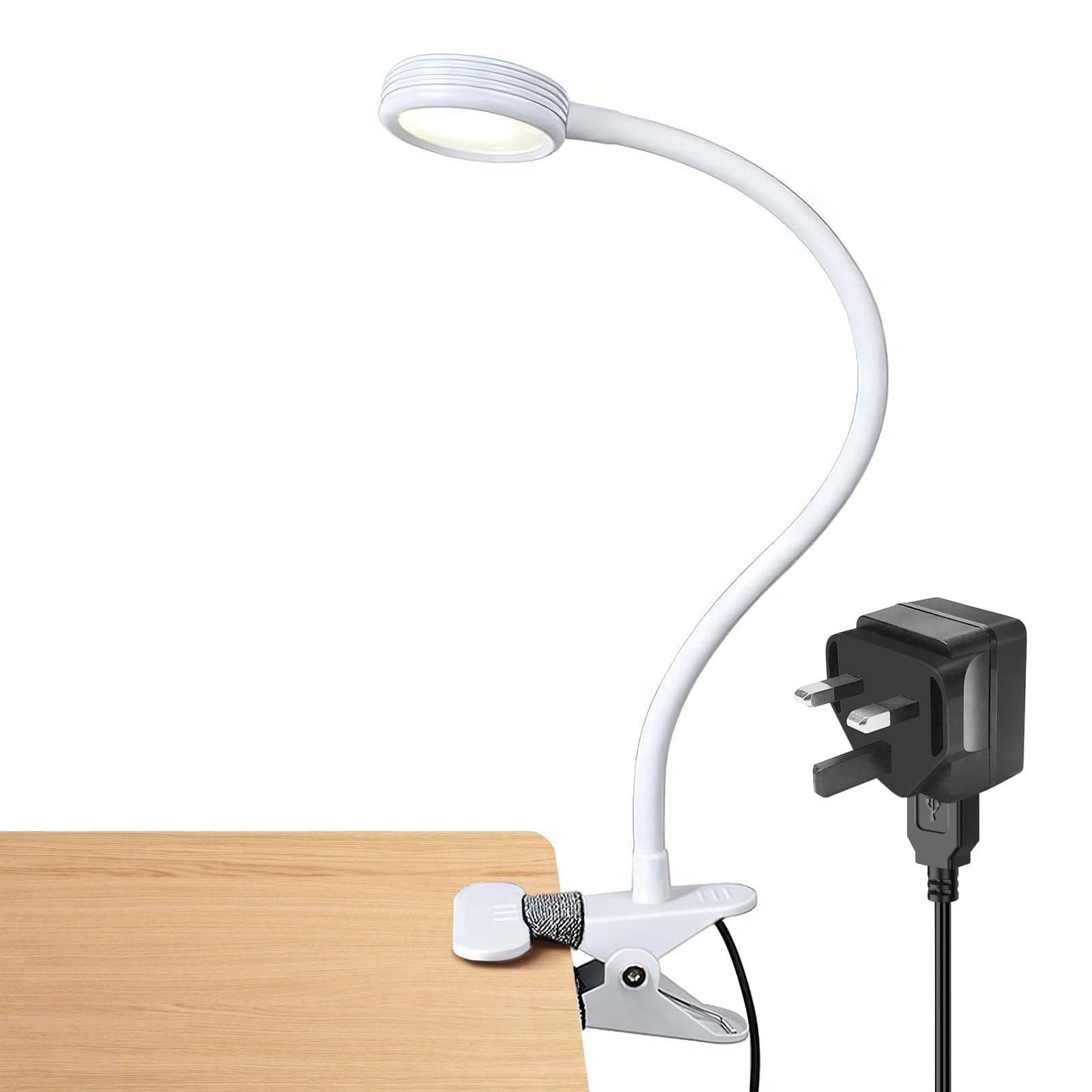 LEPOWER Clip on Light/Reading Light/Book Light Color Changeable/Night Light Clip on for Desk, Bed Headboard and Computers, Include UK 3-pin Plug Adapter (White)