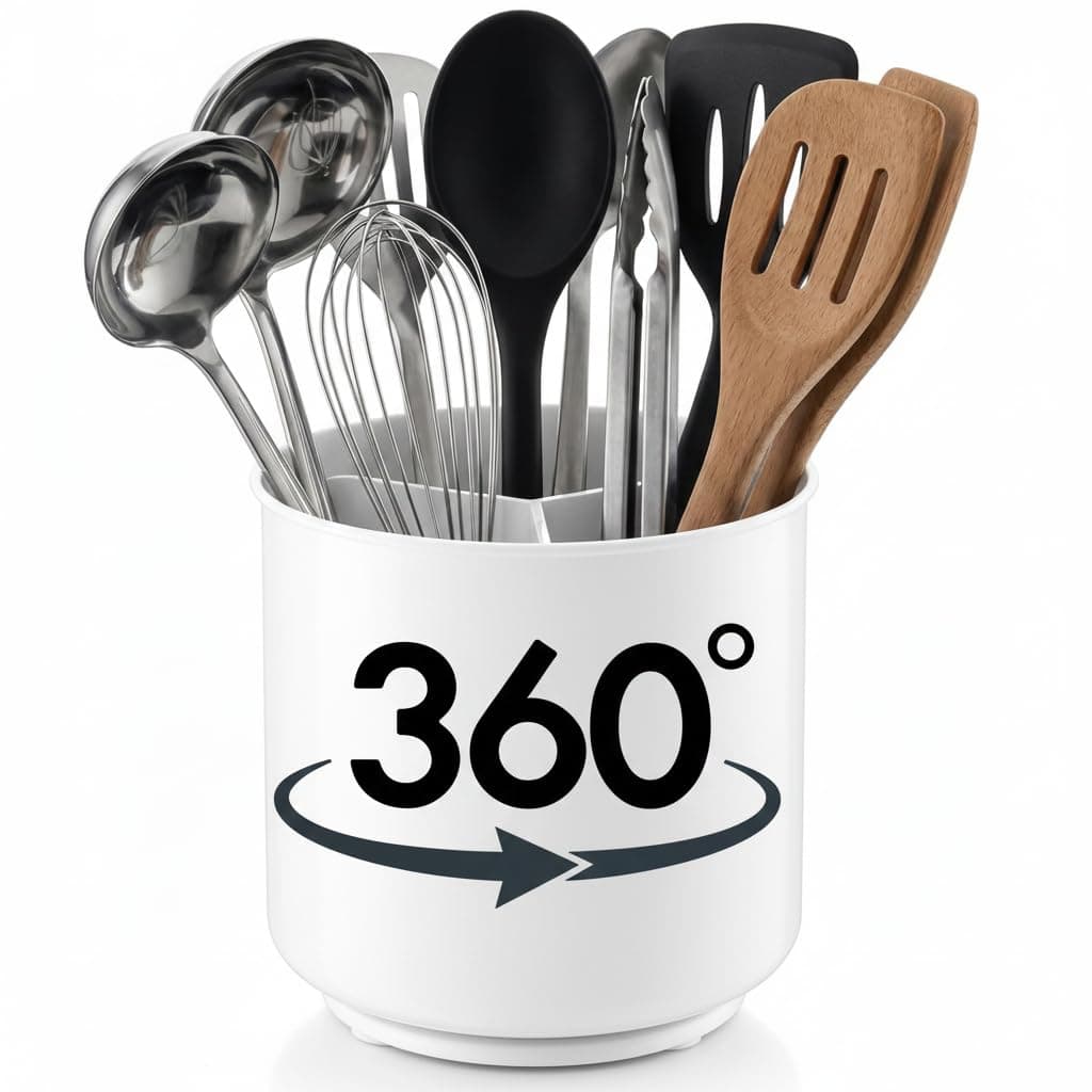 Cooler Kitchen Extra Large and Sturdy White Rotating Utensil Holder with No-Tip Weighted Base, Removable Divider, and Gripped Insert | Rust Proof and Dishwasher Safe Utensils Holder and Cutlery Holder