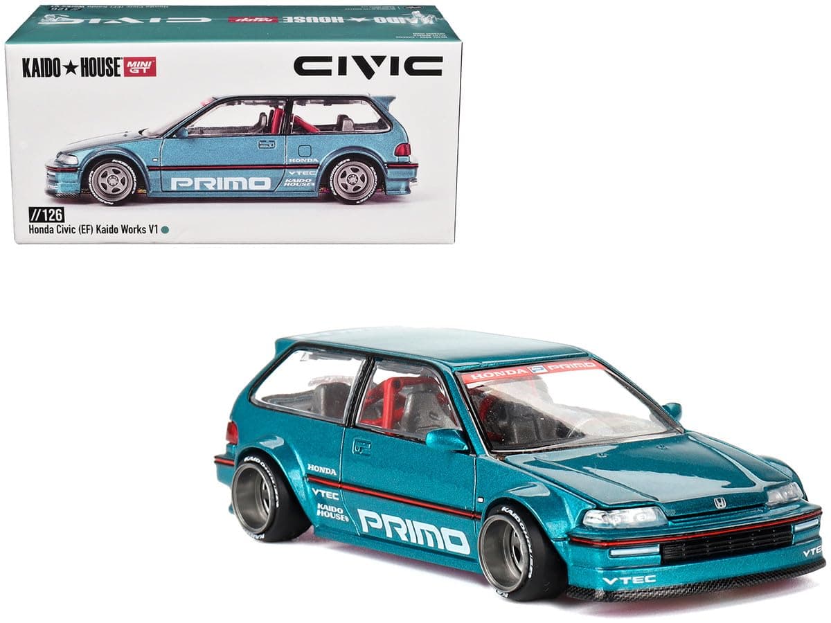 Mini GT Models Plastic Metal True Scale Miniatures Model Car Compatible with Honda Civic (EF) Kaido Works V1 Tahitian Green Limited Edition 1/64 Diecast Model Car Kaido House KHMG126